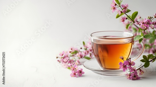 A cup of tea decorated with wild flowers with a big copy space, Generative AI.
