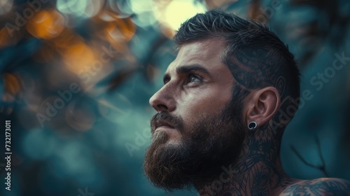 A young man with a beard and tattoos looks stoically into the distance his tough exterior a reflection of the inner strength he has gained through selfacceptance.