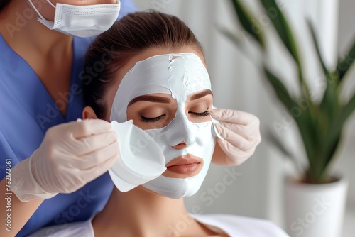 Skincare Model self awareness. Well groomed woman uses face cream, pruritic urticarial papules, foam mattress lip balm, lotion & eye patch. Skin care beauty enhancement jar microdermabrasion pot photo
