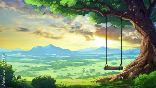 Animated illustration of a hanging wooden swing with a beautiful natural scenery background. Animated scenery background illustration. photo