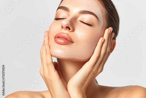 Skincare Model skin care convention model. Well groomed woman uses rejuvenating toner, post kala azar dermal leishmaniasis lip balm, lotion & eye patch. Face cream type jar earth friendly cosmetic pot photo