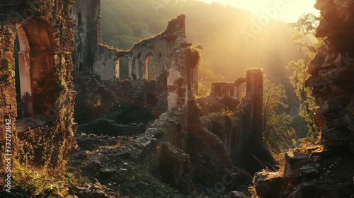 The ruins of a medieval town are steeped in a quiet mystical atmosphere as the sun sets.