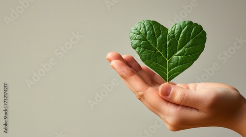 A woman hand holding a heart shape leaf with space Valentine backdrop, Generative AI.