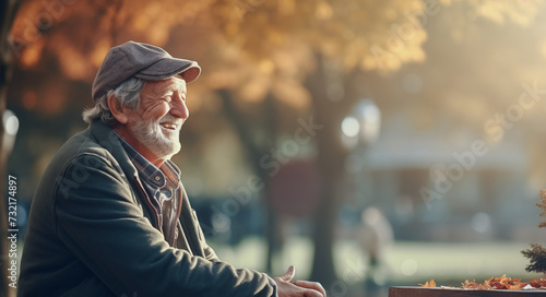 Smiling Senior Man in Cap Enjoying Autumn in the Park