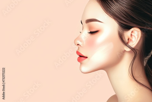 Face Mask Model sponsored content creator. Well groomed woman uses orchid, night treatment cream lip balm, lotion & eye patch. Face cream hair care routine jar aromatic oil pot photo