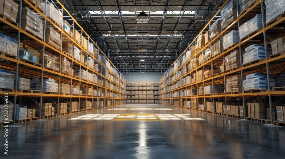 A large warehouse is equipped with ARenabled inventory management systems providing a live view of stock levels and locations for streamlined resource allocation.