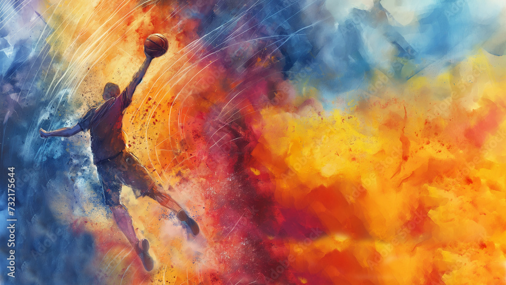 Abstract fiery background illustration with a basketball player throwing a ball. Copy space, horizontal 16:9. Beautiful illustration for banner and web design.