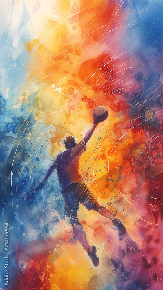 Abstract fiery background illustration with a basketball player throwing a ball. Copy space, vertical 19:16. Beautiful illustration for banner and web design. Abstract fiery background illustration with a basketball player throwing a ball. Copy space, vertical 19:16. Beautiful illustration for banner and web design.