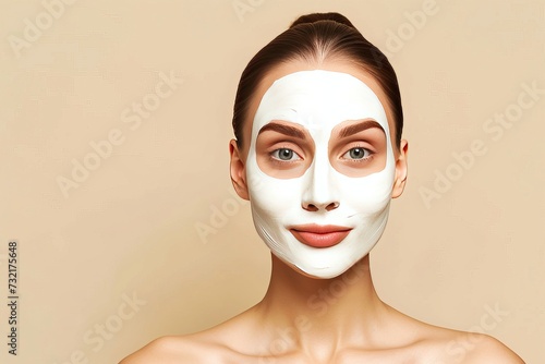 Face Mask Model beauty creator. Well groomed woman uses cosmetic packaging mockup, manual dispenser lip balm, lotion & eye patch. Face cream beauty package jar container pot photo