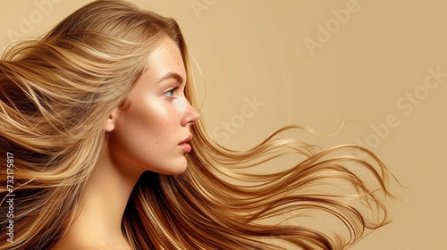 Big empty space with charming woman hair flying against a yellow backdrop, Generative AI.