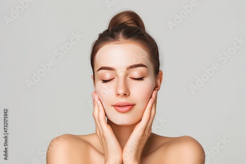 Skincare Model coaching creator. Well groomed woman uses serum, restorative lip balm, lotion & eye patch. Face cream revitalizing mask jar foam block pot