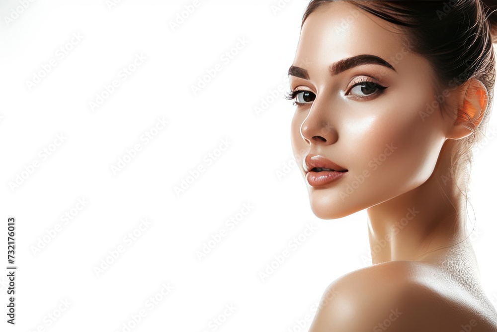 Obraz premium Skincare Model promotional partnership. Well groomed woman uses beauty treatment, salon service lip balm, lotion & eye patch. Face cream eyebrow shaping jar uncluttered pot