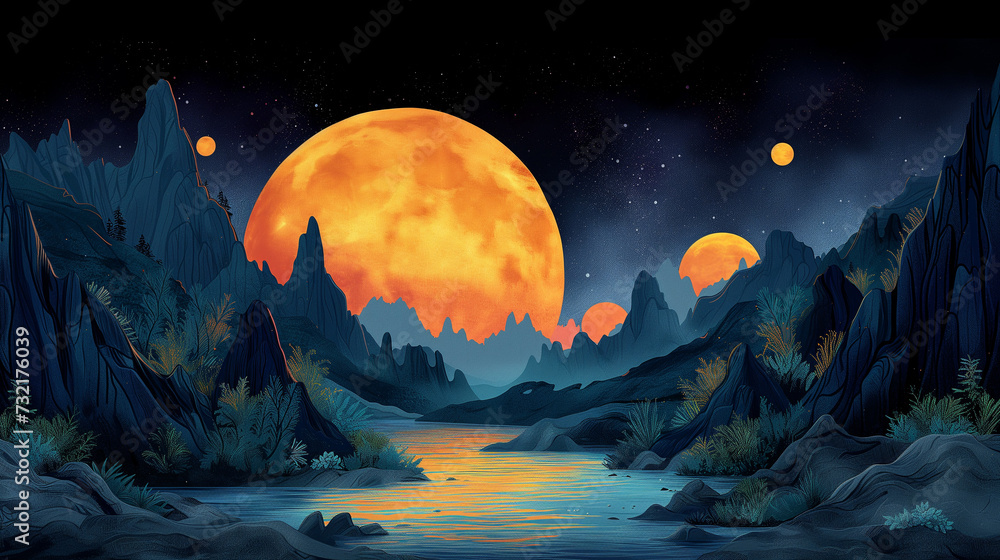 Enchanting Night Landscape: Full Moon Rising Over Serene Lake, Surrounded by Mystic Mountains and Lush Greenery, A Starry Sky Illuminating the Scene