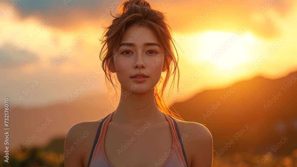 Asian Woman Practicing Sunrise Yoga Serenity on Mountain Peaks