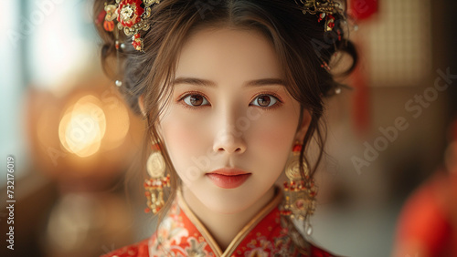 Elegant Fusion Asian Woman in Opulent Traditional Attire