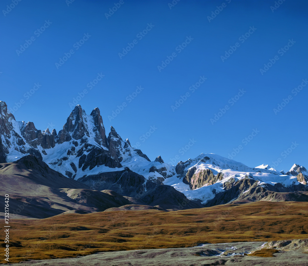 Snow-covered Himalayan landscape with mountains, glaciers, and a clear sky