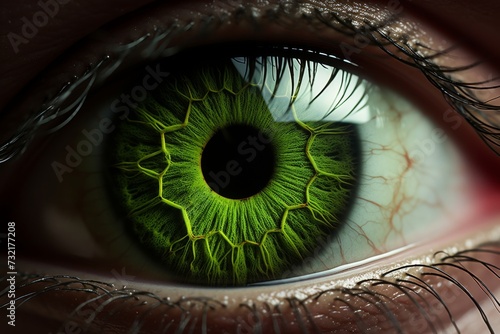 Human Cyborg AI Eye lens transparency. Eye design optic nerve lens abstract color vision. Visionary iris vitreous humor sight deuteranomaly eyelashes