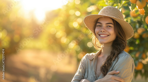 Beautiful young woman farmer smiling with folded hands in front of blurred orange grove