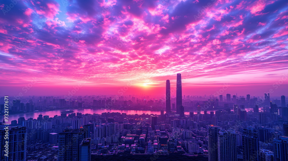 A radiant sunset illuminates the sky with vivid pink and purple hues above a sprawling city skyline, reflecting the day's end in a bustling metropolis.