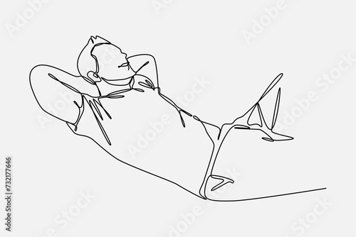 Continuous one line drawing of man relaxing, lying down. Editable stroke. Vector illustration in white background.