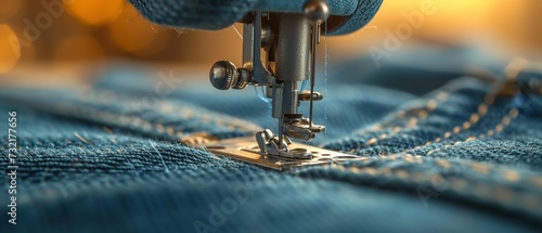 Close shot of sewing machine stitching a jeans pant with empty space, Generative AI.