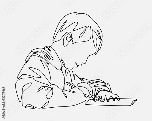 One line of boy writing in a book. Editable stroke. Vector illustration in white background.