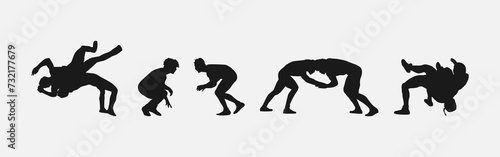 collection of silhouettes wrestling with different pose, gesture. isolated on white background. vector illustration.