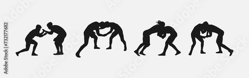 collection of silhouettes wrestling with different pose, gesture. isolated on white background. vector illustration.