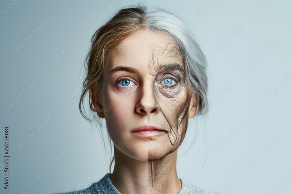 ภาพประกอบสต็อก Aging loss of subcutaneous fat. Comparison young to old woman managed care. Less