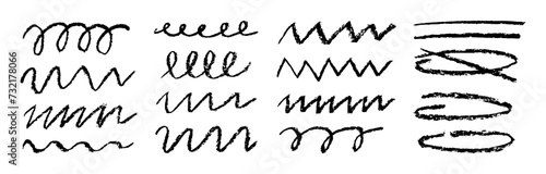 Charcoal wavy strokes.Set of black hand drawn brush lines different forms on white background.Rough charcoal strokes and lines.Hand drawn brush elements for notes,highlighting and underlining in text.