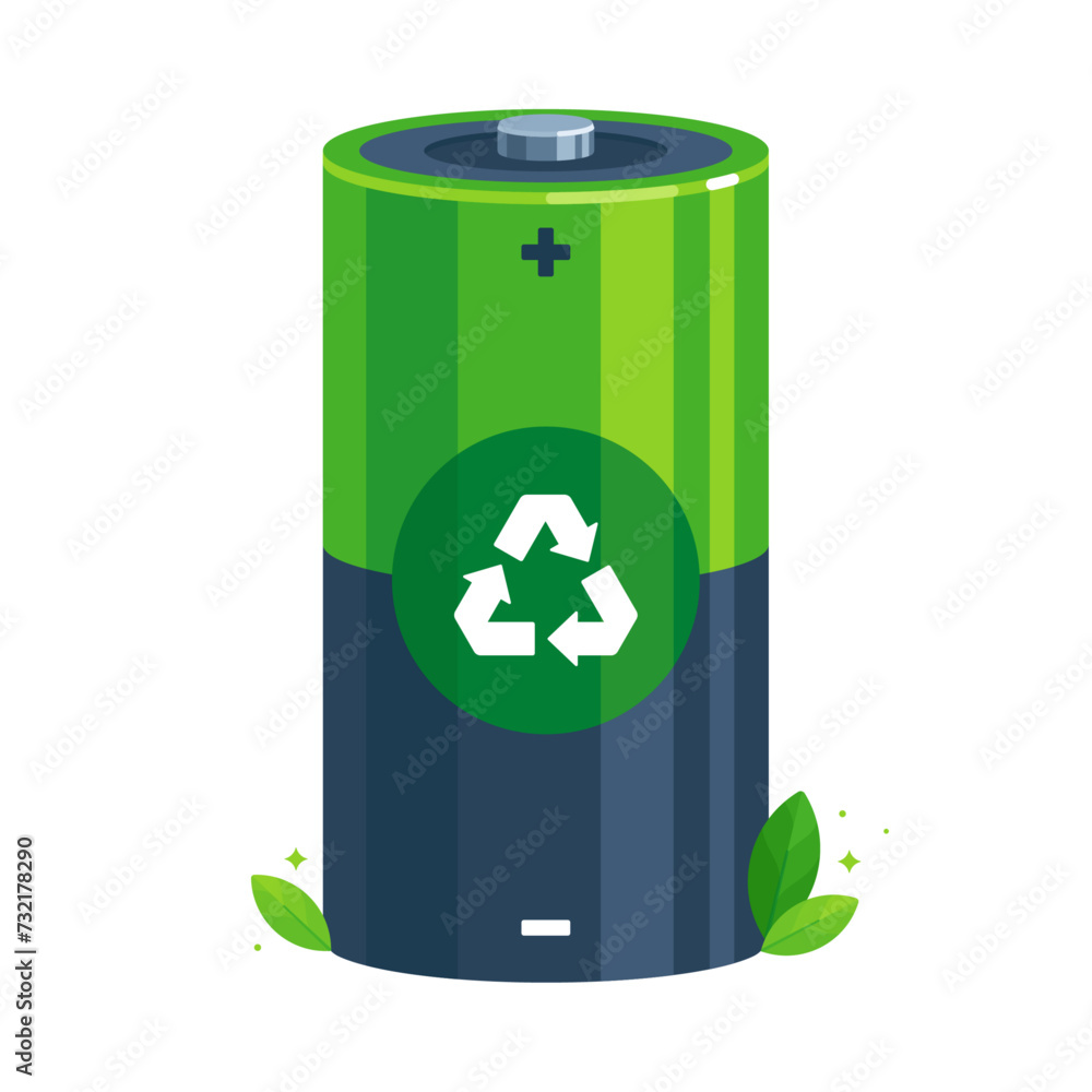 A green and grey rechargeable battery with a recycling symbol in flat vector illustration style, representing the concepts of sustainable energy, e-waste recycling, and eco-friendly technology A green and grey rechargeable battery with a recycling symbol in flat vector illustration style, representing the concepts of sustainable energy, e-waste recycling, and eco-friendly technology