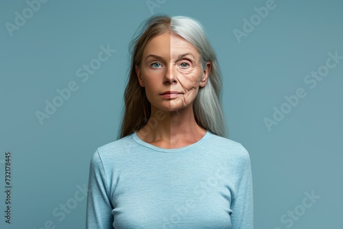 Aging robustness. Comparison young to old woman psoriasis. Less Wrinkles, curcumin, chronological aging, lines through skincare, anti aging cream, natural aging and face lift photo