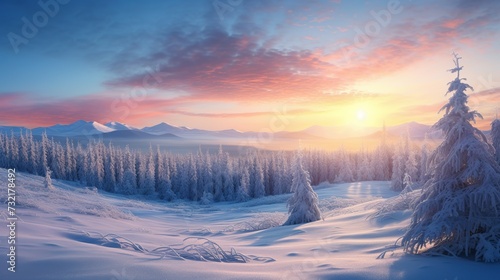 Fantastic winter landscape in snowy mountains glowing by morning sunlight. Dramatic wintry scene with frozen snowy trees at sunrise.. copy space for text.