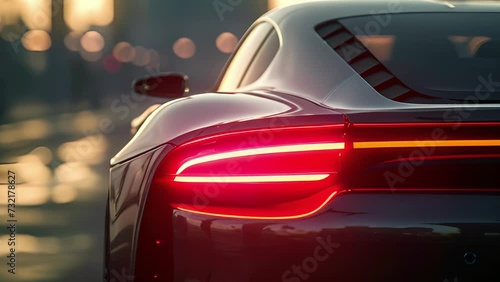 A shot of a modern cars taillights reveals the streamlined shape and streamlined design which helps to reduce drag and improve the vehicles overall performance. photo