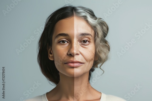 Aging preventive health. Comparison young to old woman grandfather. Less Wrinkles, facelift recovery tips, public health, lines through skincare, anti aging cream, asymmetry and face lift