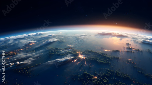 A planet earth with a sunset and clouds above it. 