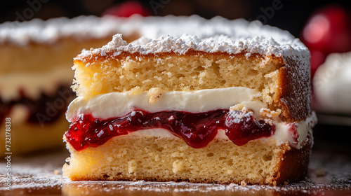 A Victoria Sponge Cake with strawberry jam and cream filling topped with powdered sugar placed on a wooden table, Close-up Shot photo