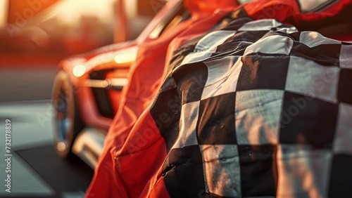 A final closeup shows the checkered flag being folded and carefully p in a protective bag ready for transport. The care and attention given to this process highlight the flags photo