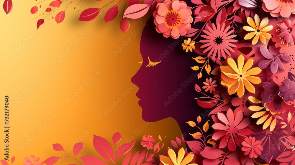 Illustration of face and flowers style paper cut with copy space for international women's day. Concept of beauty standards, multi ethnicity, friendship, diversity, human rights.