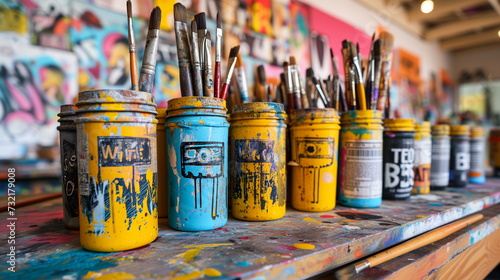 A painter's studio brims with creativity, evidenced by the colorful splatter on jars full of brushes, a testament to the messy process of art-making.