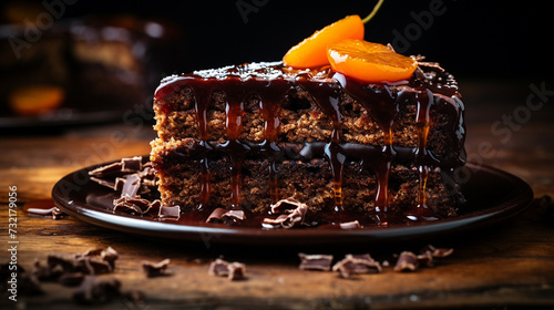 A slice of Sachertorte with dark chocolate sponge and thin layer of apricot jam placed on ceramic plate, Close-up Shot photo