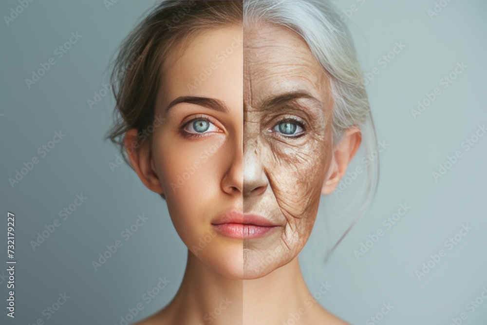 Aging birth. Comparison young to old woman laser therapy. Less Wrinkles, salivary glands, regenerative medicine, lines through skincare, anti aging cream, happiness in aging and face lift - obrazy, fototapety, plakaty 