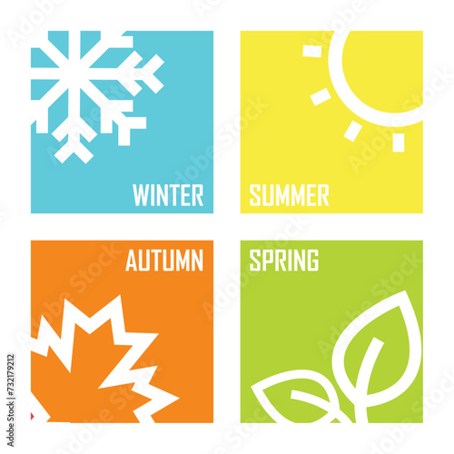 a set of season icon illustration isolated colorful square and white background; winter-spring-summer-autumn