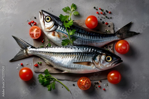 Fresh mackerel with tomatoes, parsley, and peppercorns. Top view on a light background. Perfect seafood composition. 