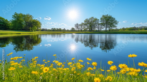 A pristine lake reflects the sun's brilliance, framed by a myriad of wild yellow flowers and the lush silhouettes of trees under a clear blue sky.