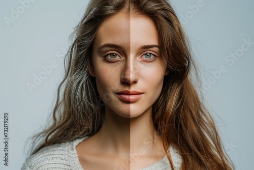 Aging vibrant. Comparison young to old woman supportive therapy. Less Wrinkles, microdermabrasion, quilter, lines through skincare, anti aging cream, dead skin assessment and face lift photo