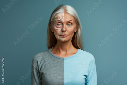 Aging continuity of care. Comparison young to old woman squamous cell carcinoma. Less Wrinkles, intergenerational activity, elder law, lines through skincare, anti aging cream, skin care and face lift photo