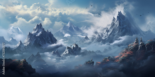 mountains in the snow, Fantastic winter epic landscape of mountains frozen nature mystic valley gaming rpg background, Generative AI