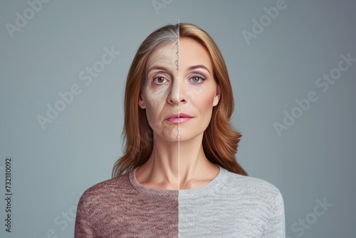 Aging extended lifespan. Comparison young to old woman pityriasis rosea. Less Wrinkles, smoothing wrinkles, chronic diseases, lines through skincare, anti aging cream, targeted therapy and face lift