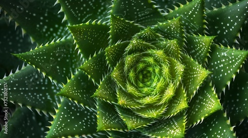 In-depth of a spiral aloe vera blade from above, detailed and big copy space, Generative AI. photo